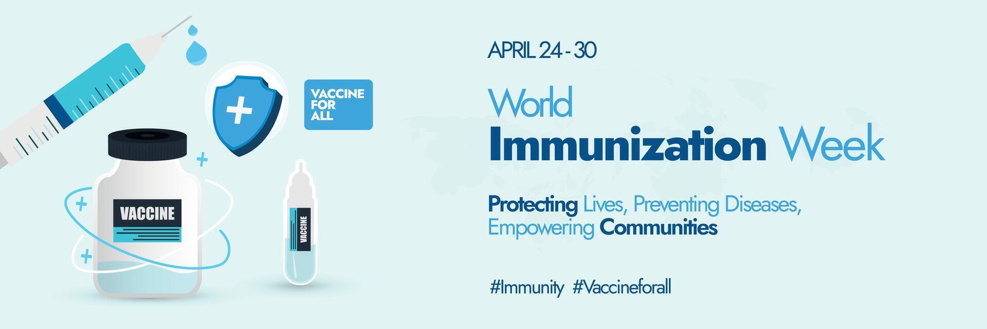 World Immunization week. World immunization week 2024 awareness cover banner banner with cute icons of syringe, vaccine bottle, protection shield in light cyan theme colour. Vaccine for all awareness. vector