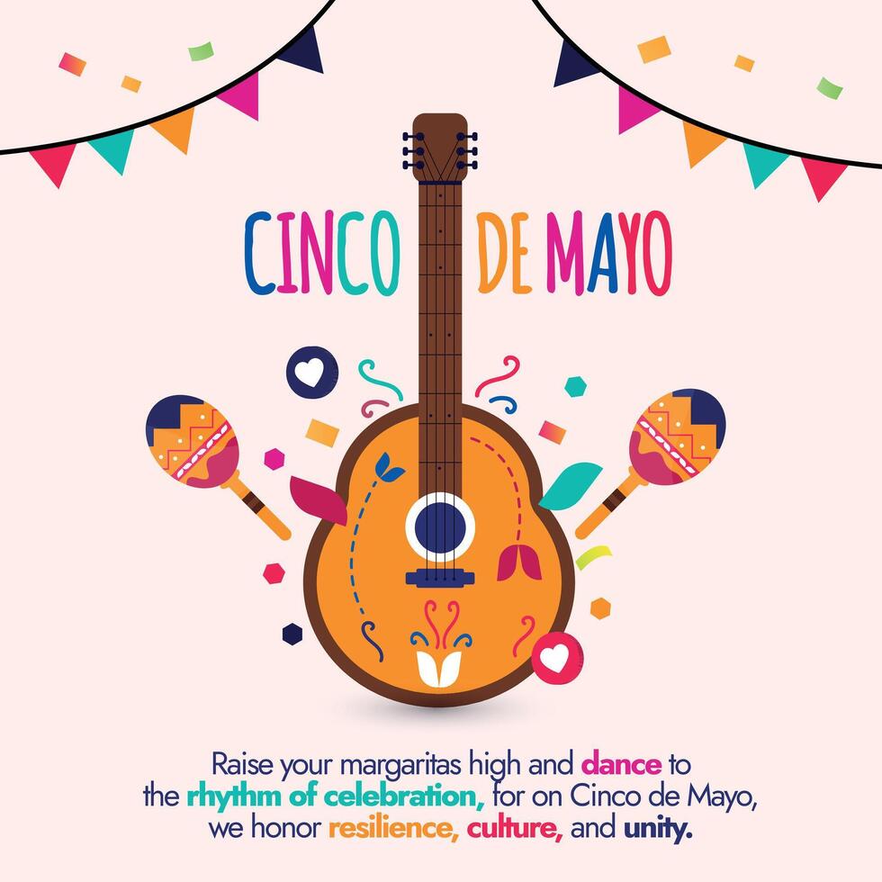 Cinco De Mayo. Cinco De Mayo celebration banner with colourful Mexican guitar, maracas, hanging decorations. It is celebrated for victory in a minor battle between French and Mexican forces in Puebla. vector