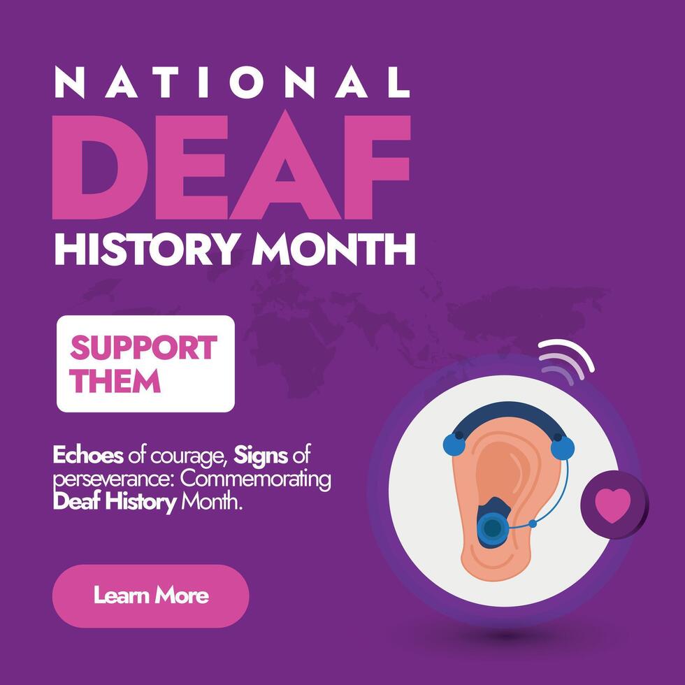 National Deaf History Month. Deaf History Month celebration banner with icon of ear wearing hearing aid in purple background. Social media post, banner to raise awareness for the Deaf community. vector