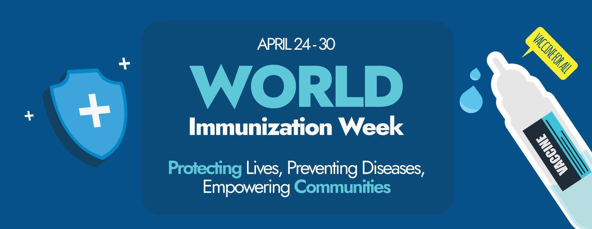 World Immunization Week. April 20 to 30 World Immunization week celebration cover banner with icons of vaccine bottle, protection shield. Vaccination for all awareness banner to stay healthy. vector