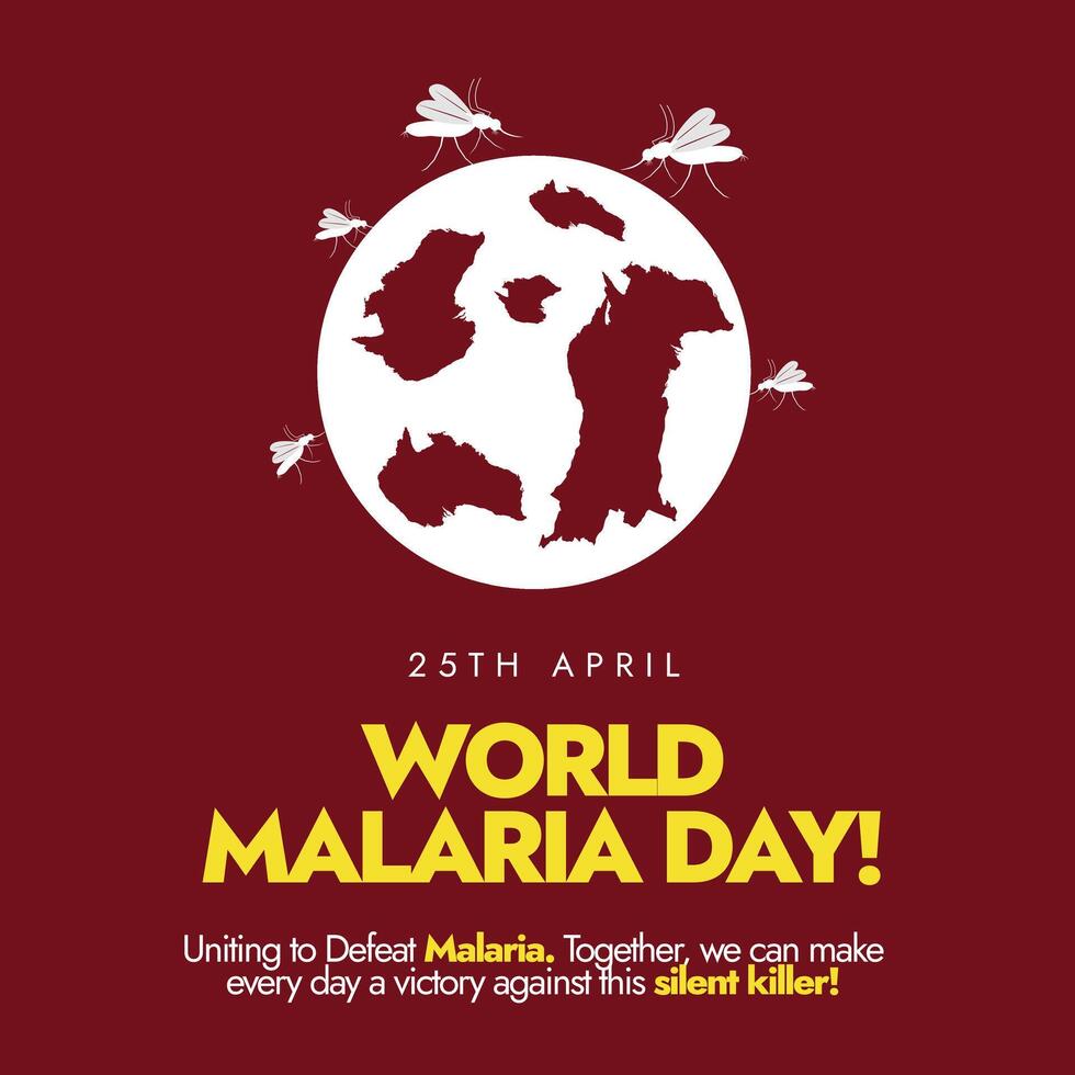 World Malaria day. 25th April World Malaria day celebration post with silhouette earth globe and mosquitoes attacking on it with maroon background. Social media post for awareness against Malaria vector