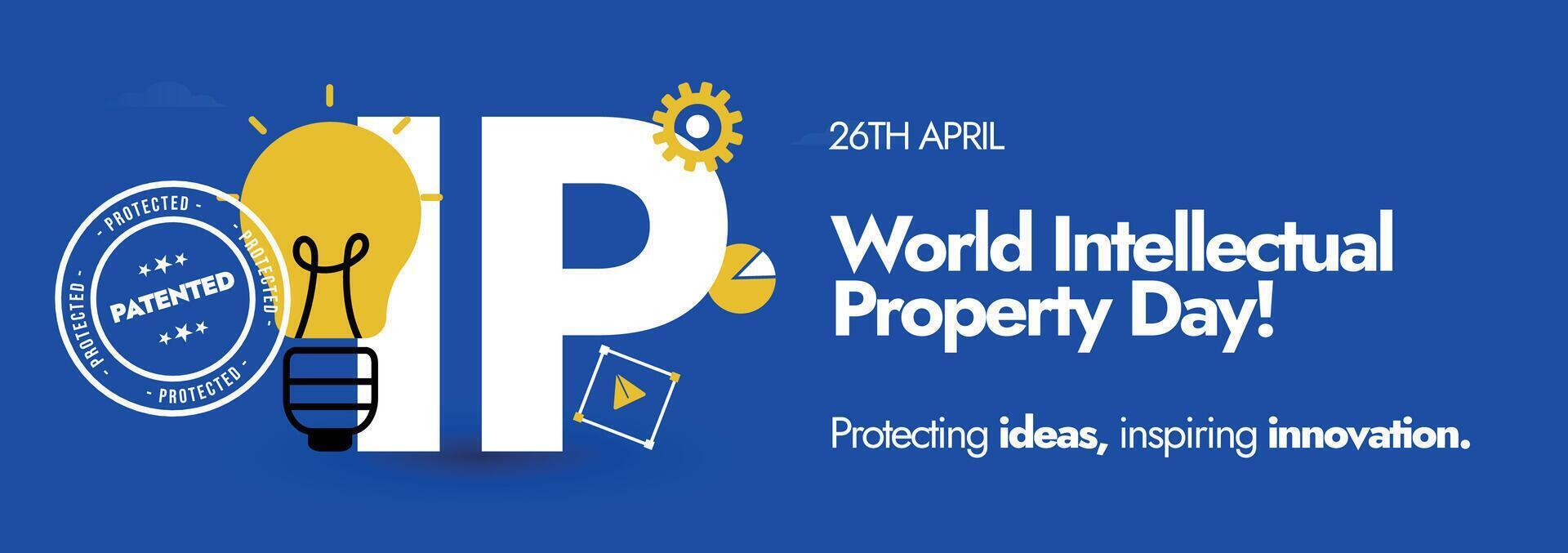 mundo intelectual propiedad día.26 abril mundo ip día celebracion cubrir bandera con ligero bulbo en amarillo color con ip escrito en púrpura color antecedentes. proteger ideas para mejor negocio. vector