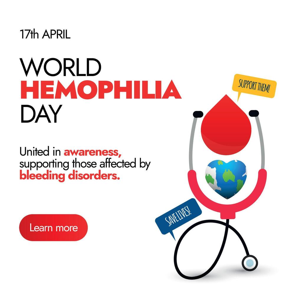 mundo hemofilia día. 17 abril mundo hemofilia día conciencia bandera con íconos de estetoscopio, sangre soltar y tierra globo. hemofilia día bandera a promover sangre donación a apoyo pacientes vector