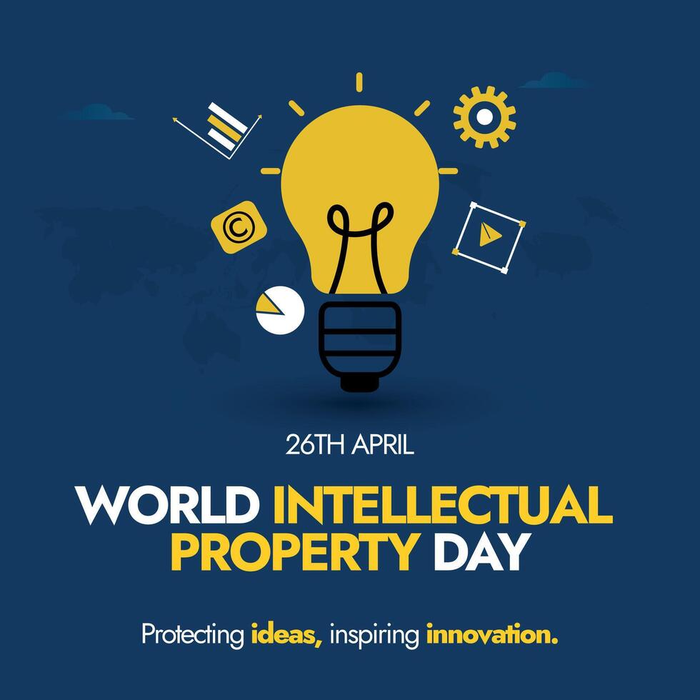 World Intellectual Property day. 26th April World Intellectual property day awareness banner with light bulb and icons of gear, charts. Banner to promote the Building our common future with innovation vector