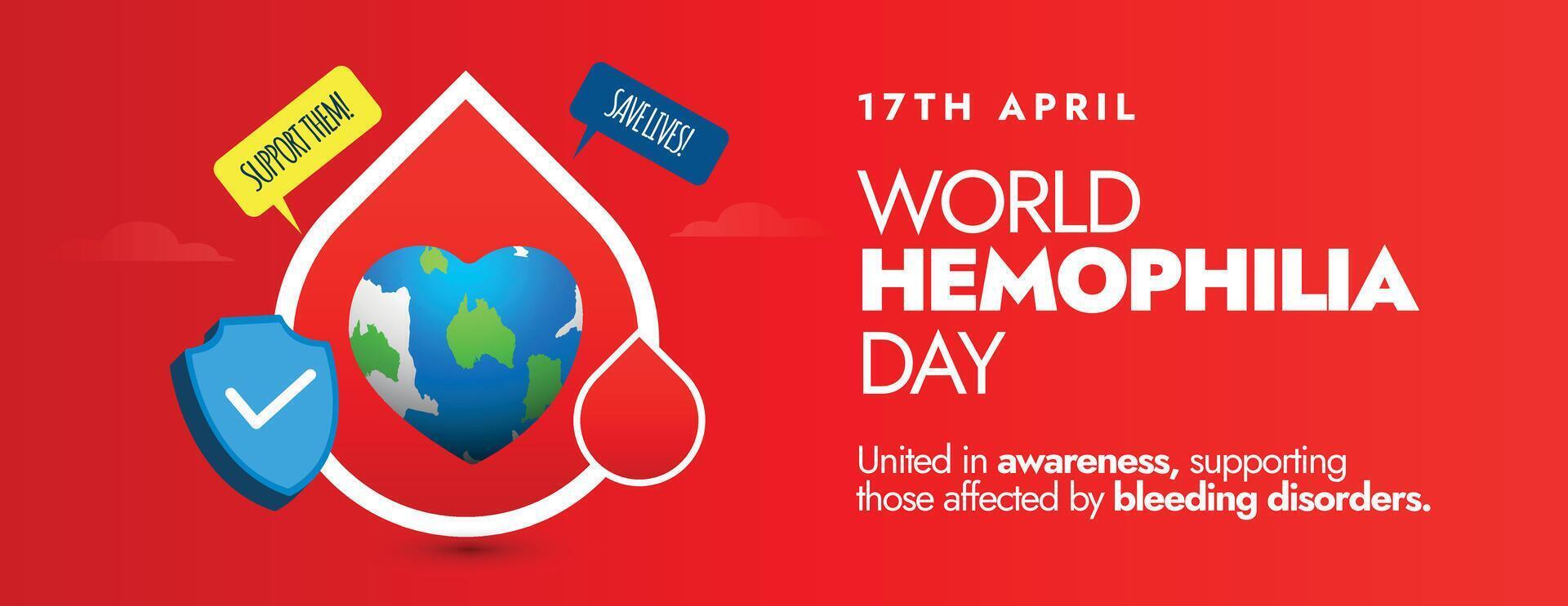 World Haemophilia day.17th April World Haemophilia day celebration cover banner in bright red background with a drop of blood and an earth globe icon in it. Recognising all bleeding disorders cover. vector