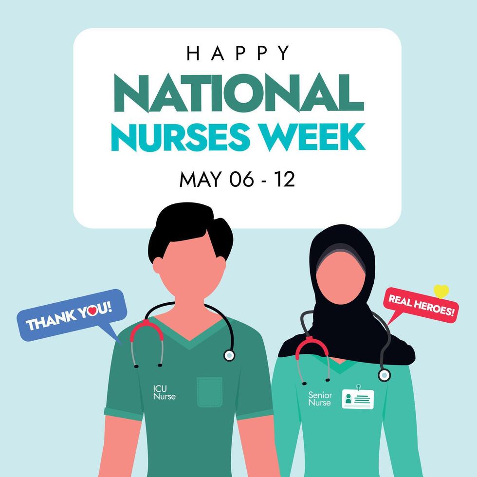 Happy National Nurses Week. National nurses week, day celebration banner with two nurses. National Nurses Week begins each year on May 6th and ends on May 12th, Florence Nightingale's birthday. vector