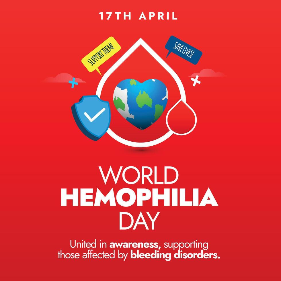 World Haemophilia day. 17th April World Haemophilia day celebration banner in bright red background with a drop of blood and an earth globe icon in it. Hemophilia day conceptual and awareness banner. vector