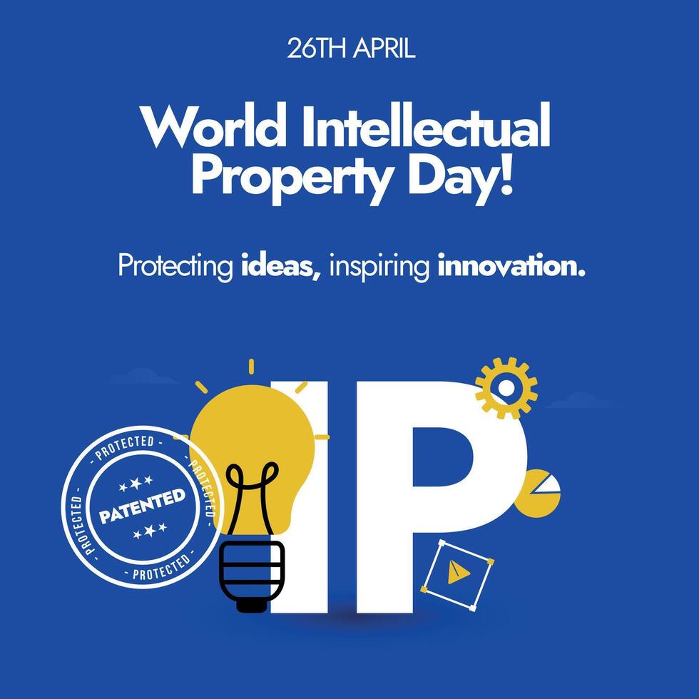 World IP day. 26th April World IP day celebration banner with light bulb in yellow colour with IP written on banner with icons of gear, chart. Protecting ideas for better business. vector