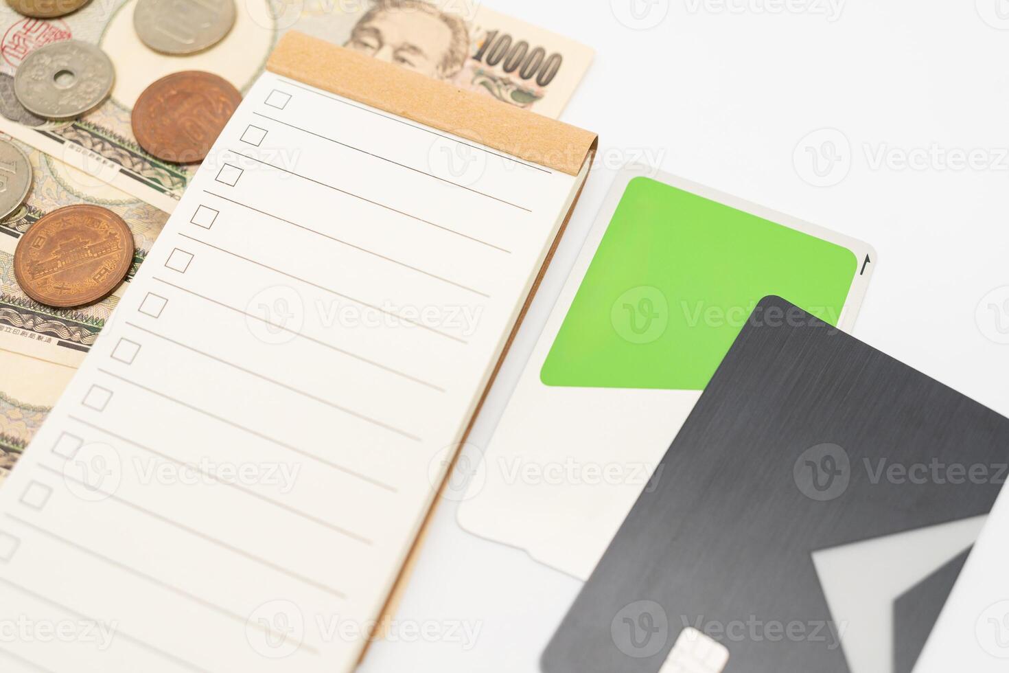Blank to do list for text with checkbox and Japanese money. vacation, planning budget. travel plan concept. photo
