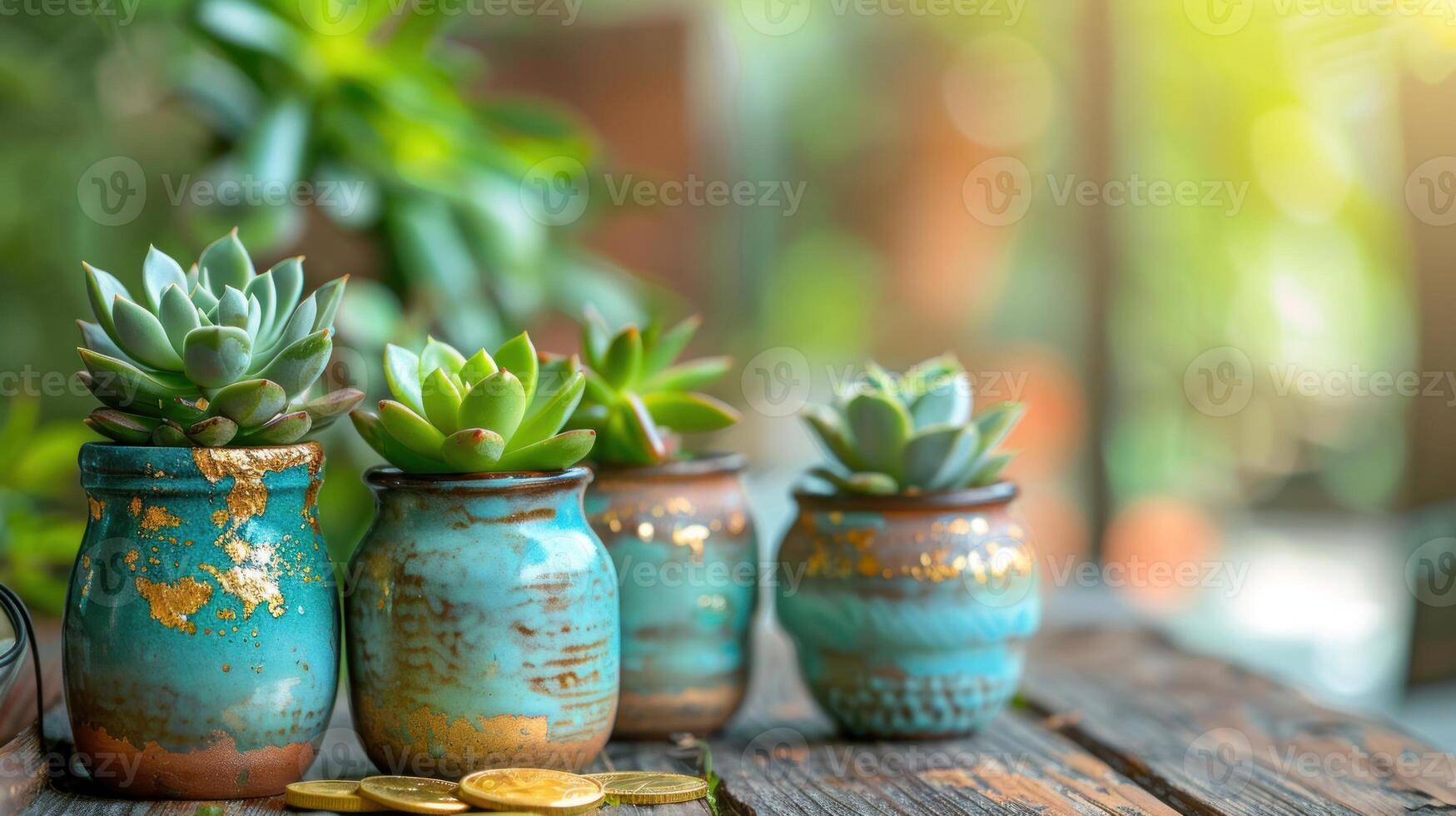 oferta plantas en vistoso cerámico ollas en un de madera mesa con oro monedas junto a foto