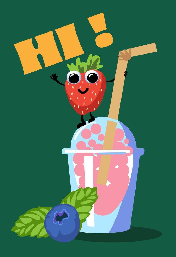 Cartoon smoothies. Cute kawaii fruits ,strawberry, berry, banana smoothie. Use for card, poster, banner, web design and print on t-shirt. Flat illustration. vector
