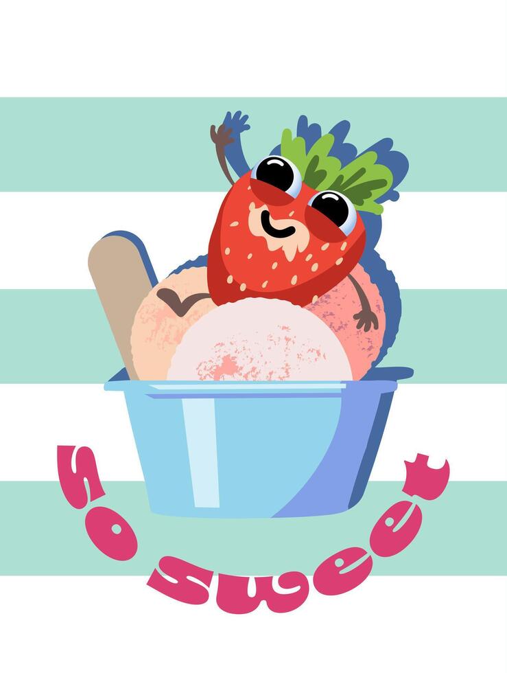 Strawberry ice cream Cartoon doodle style. Yummy logo. Can be use for card, menu, T-shirt. Illustration. vector
