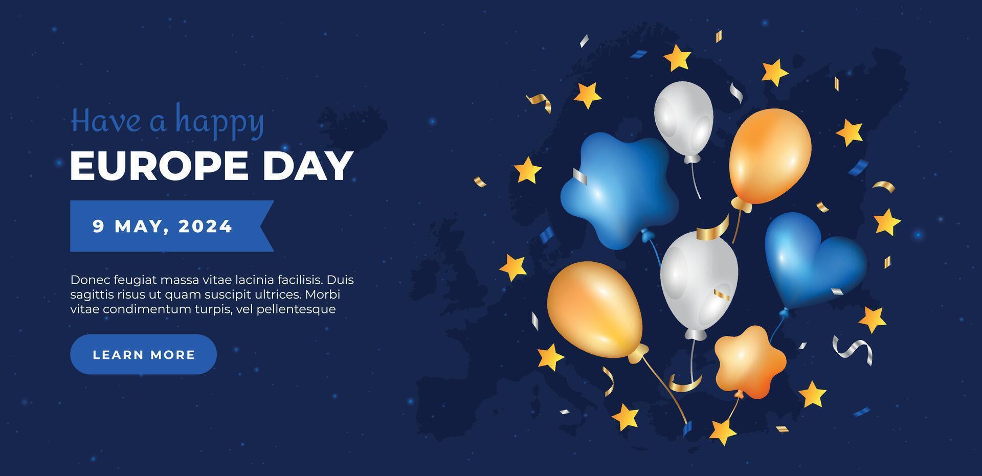 Europe Day 9th May. Happy Europe day blue banner with map and balloons vector