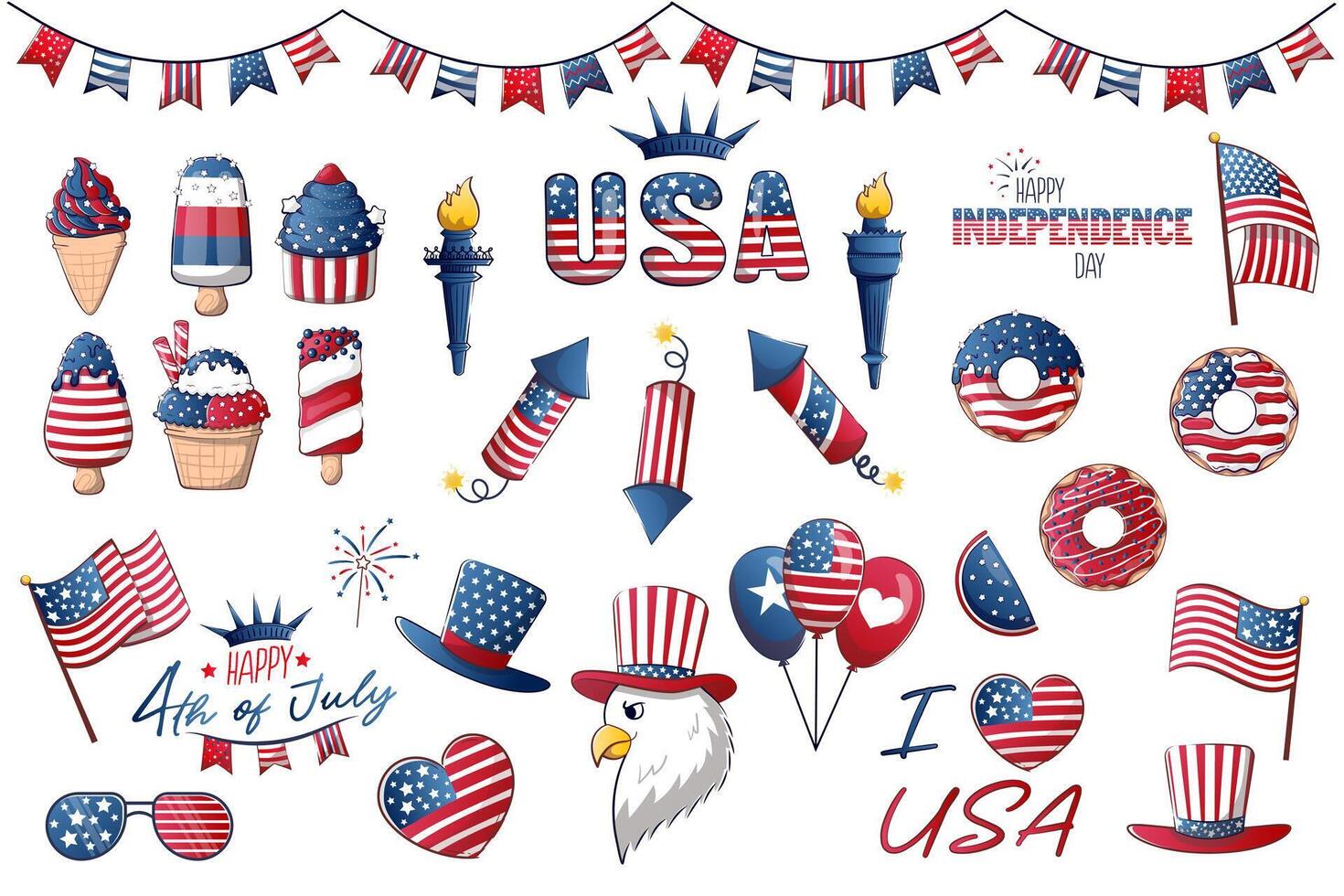 Large set collection of 4th of July USA Independence Day with cartoon items and decorations vector