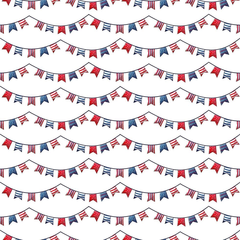 Seamless pattern for 4th of July US Independence Day with cartoon flags on a rope. vector