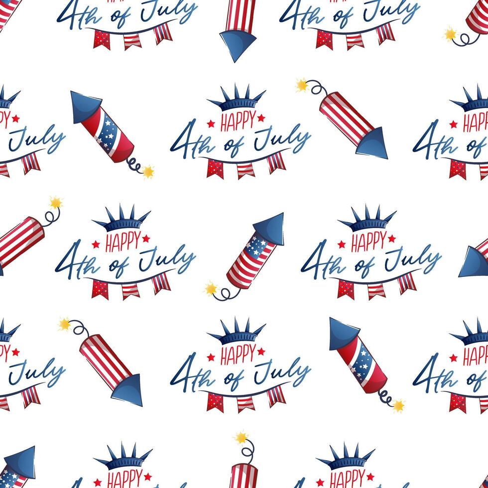 Seamless pattern for 4th of July US Independence Day with cartoon fireworks. vector
