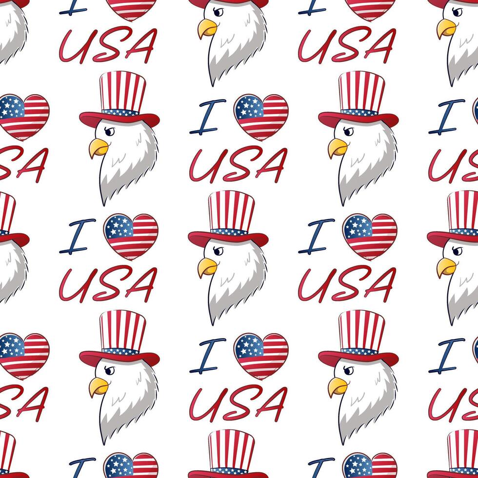 Seamless pattern for 4th of July USA Independence Day with cartoon eagle in top hat vector