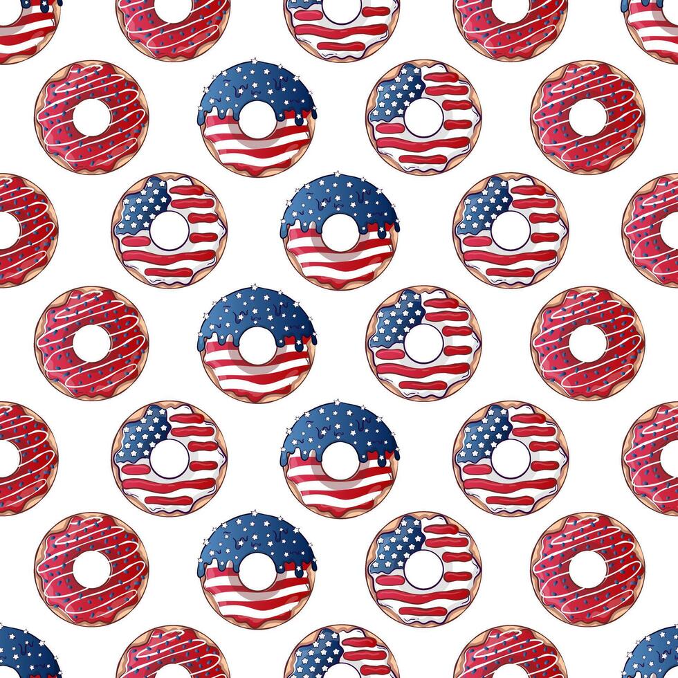 Seamless pattern for 4th of July USA Independence Day with cartoon donuts. vector