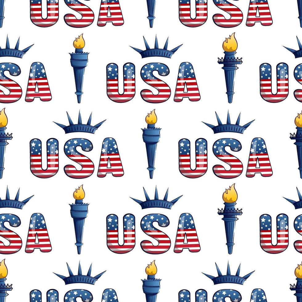 Seamless pattern for 4th of July US Independence Day with cartoon freedom torches. vector