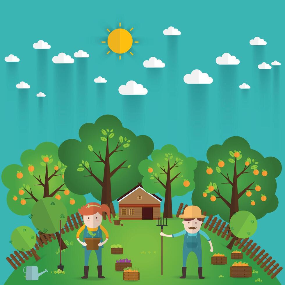 Farmer man and woman farming and landscape vector