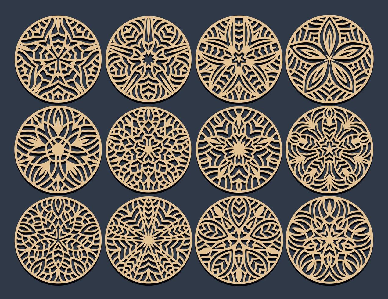 loto mandala modelo conjunto para corte y impresión. oriental silueta ornamento. portavasos diseño vector