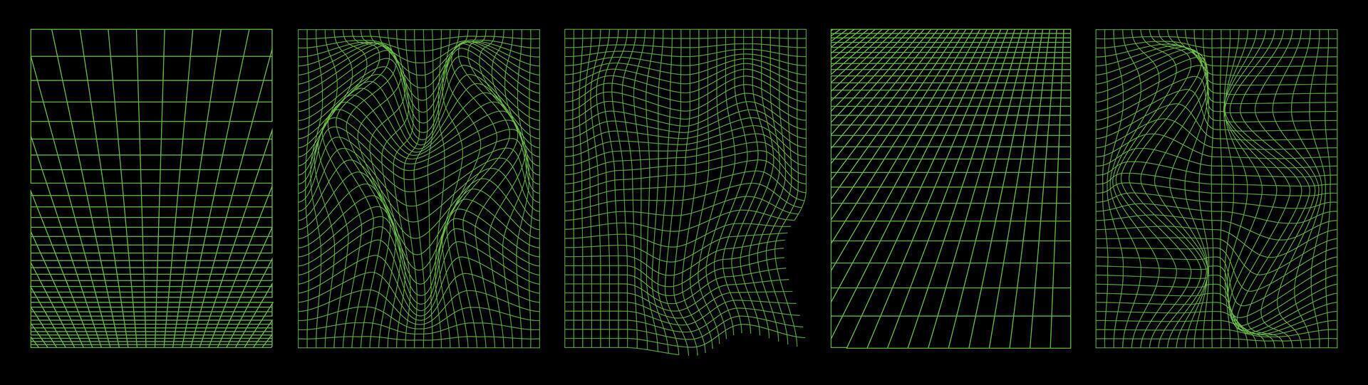 Set of distorted vertical grids in the style of Y2K, retro wave, rave. Abstract 3D posters with cyberpunk elements in a psychedelic style for templates, posters, web design. illustration. vector