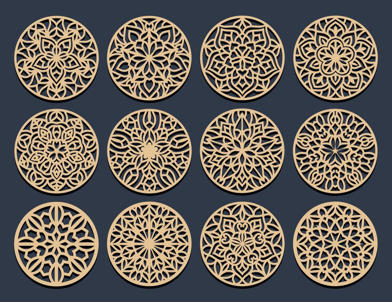 Lotus Mandala Template Set for Cutting and Printing. Oriental silhouette ornament. coaster design vector