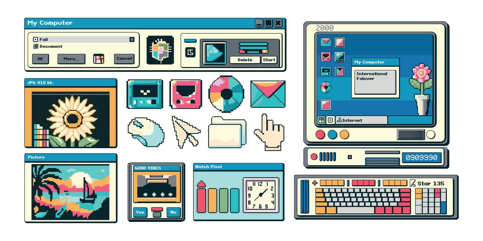 Trending elements of the computer interface in the pixel art style of the 1990s, 2000s. A dialog box with a picture of a sunflower, a landscape of the sea. Modern illustration. vector