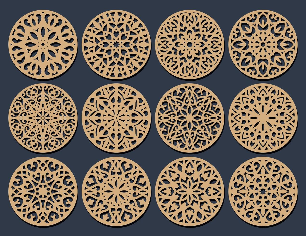 loto mandala modelo conjunto para corte y impresión. oriental silueta ornamento. portavasos diseño vector