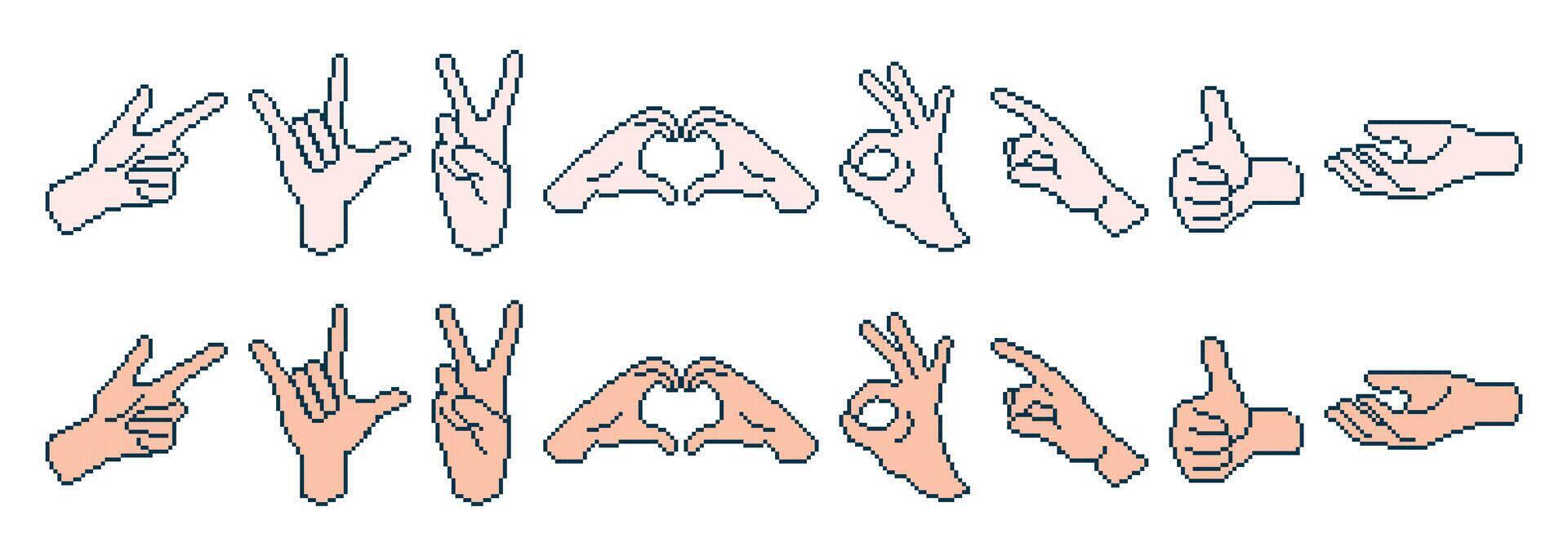 Trending set of human hand gestures in pixel art style. Heart-shaped gesture, index finger, cool, fingers raised up. I like the symbol. graphics for retro games of the 90s. vector
