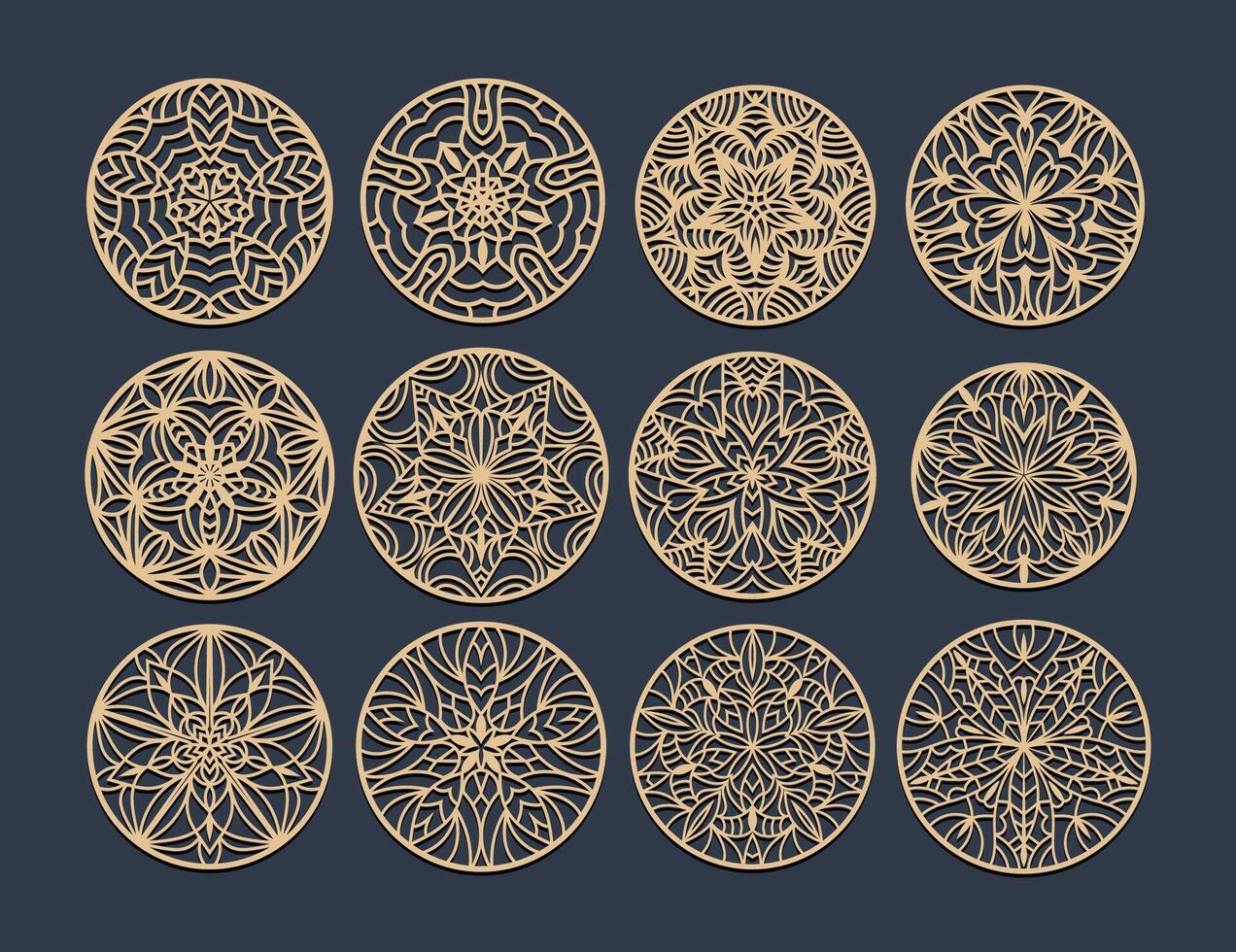 Lotus Mandala Template Set for Cutting and Printing. Oriental silhouette ornament. coaster design vector