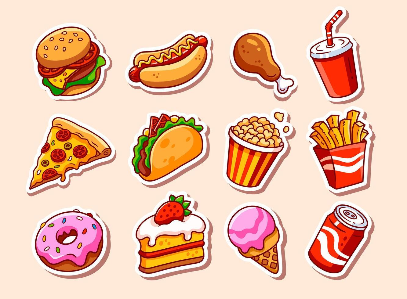 Fast food illustrations stickers set. collection. Fast food cartoon icons. Hamburger, hot dog, pizza, taco, popcorn and other delicious food isolated on beige background. vector