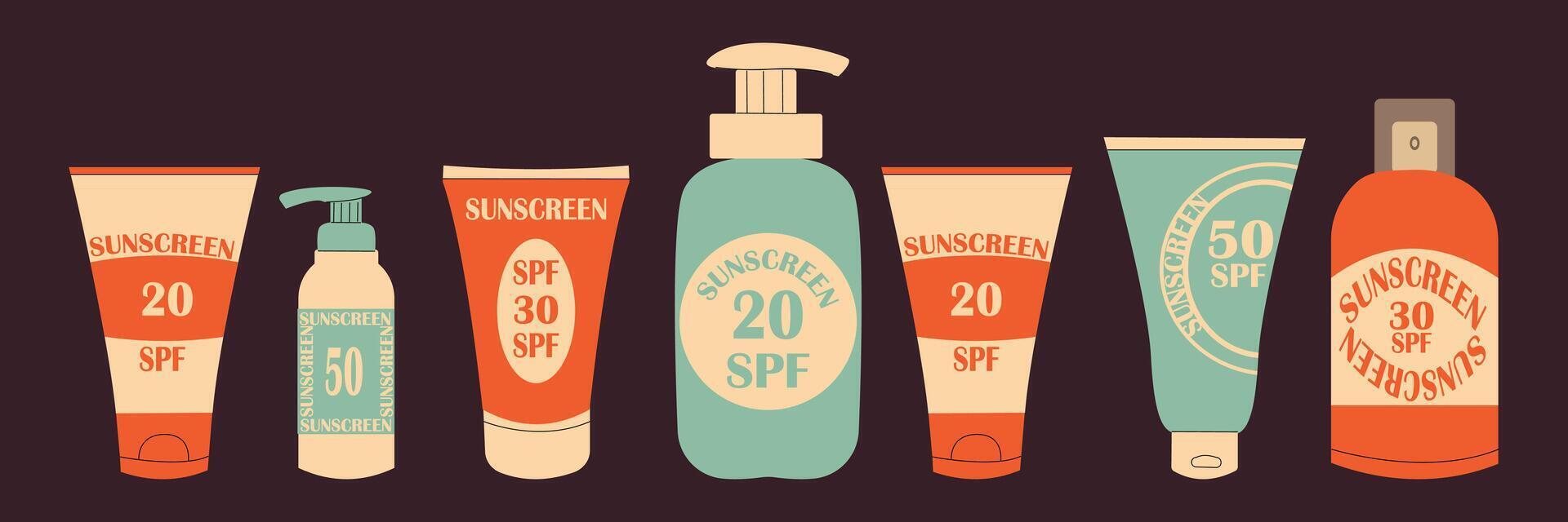 Sunscreen cosmetic set in retro style. illustration of sun cream SPF isolated on dark background. vector