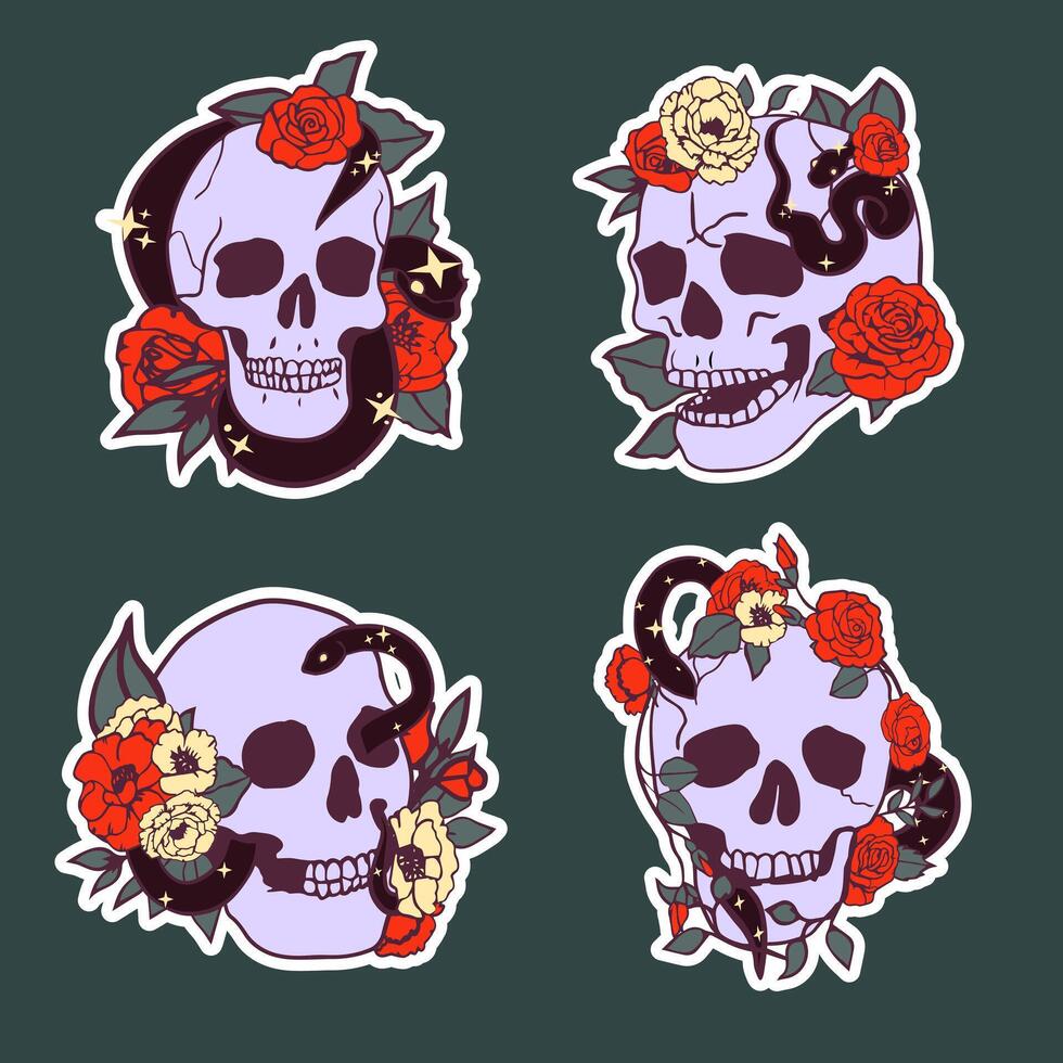 Stickers skull with flowers and snakes isolated on a green background. Set of illustrations. vector