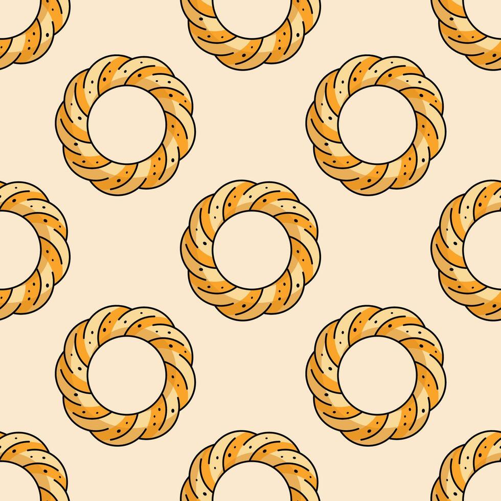 Turkish sesame bagel seamless pattern. Tradition Attribute of Turkish culture. illustration isolated on white background. Turkish national pastries texture. vector