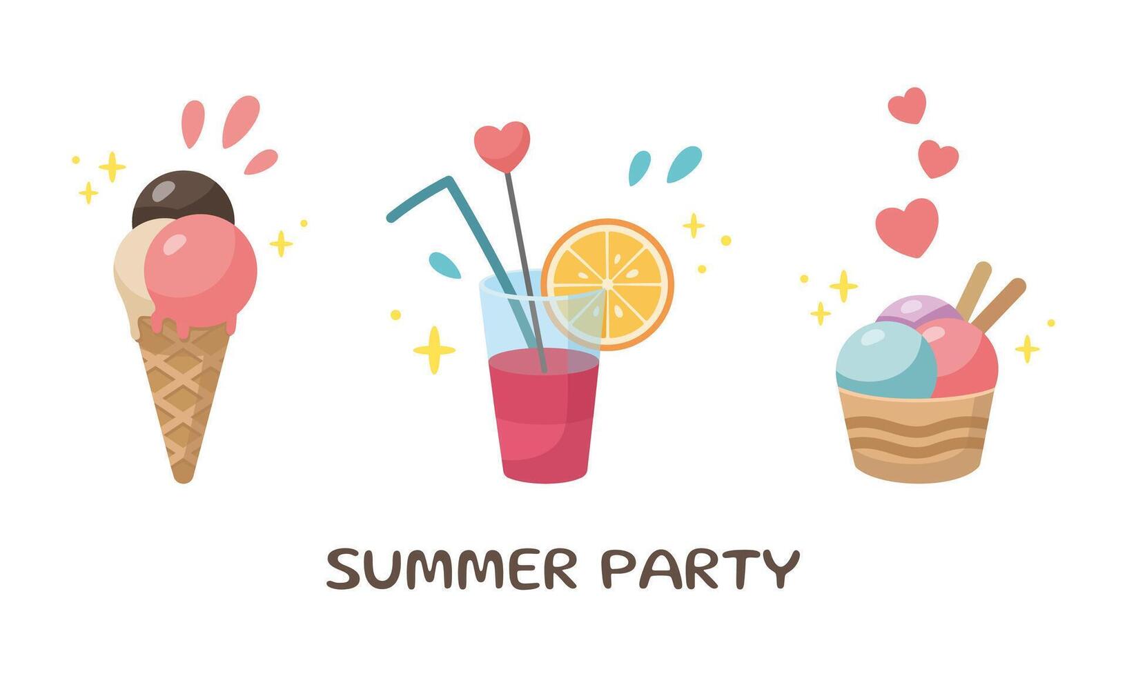 Summer popular food Set - ice cream, cocktail. Cute summer icons collection. Summertime elements. Cartoon illustration. Flat design. vector