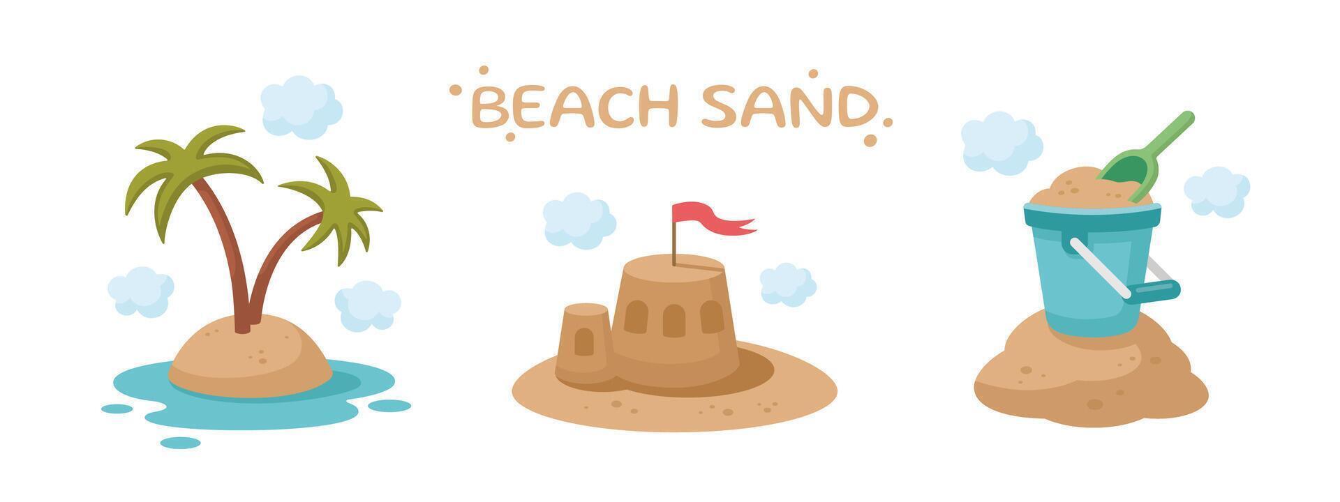 Summer beach sand banner. Cute summer icons collection. Summertime elements. Kids Beach games icons. Beach holidays elements. Cartoon illustration. Flat design. Seacoast, seaside concept vector