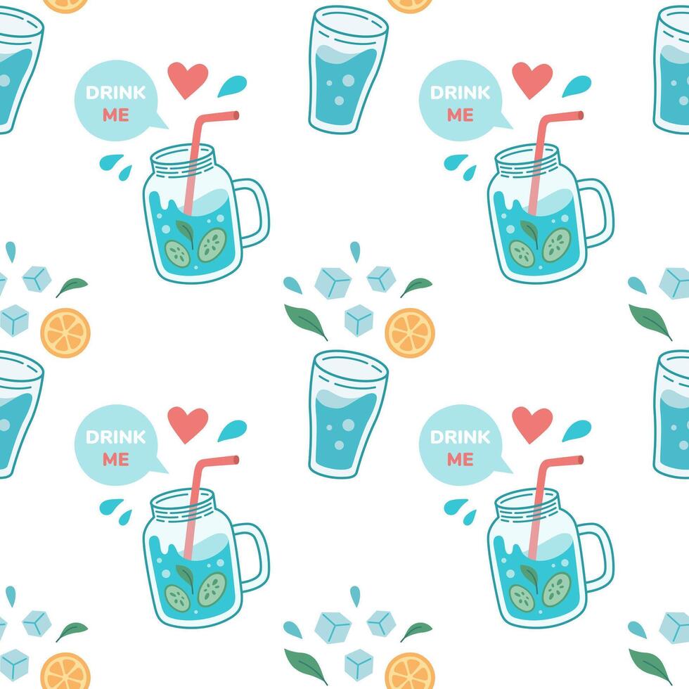 World water day seamless pattern. Drink more water concept pattern. Drinking water in glass, jug. Zero waste concept. illustration. vector