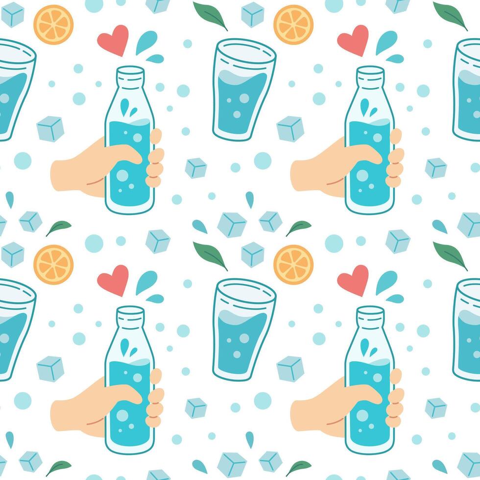 World water day seamless pattern. Drink more water concept pattern. Drinking water in glass, bottle. Zero waste concept texture. illustration. vector