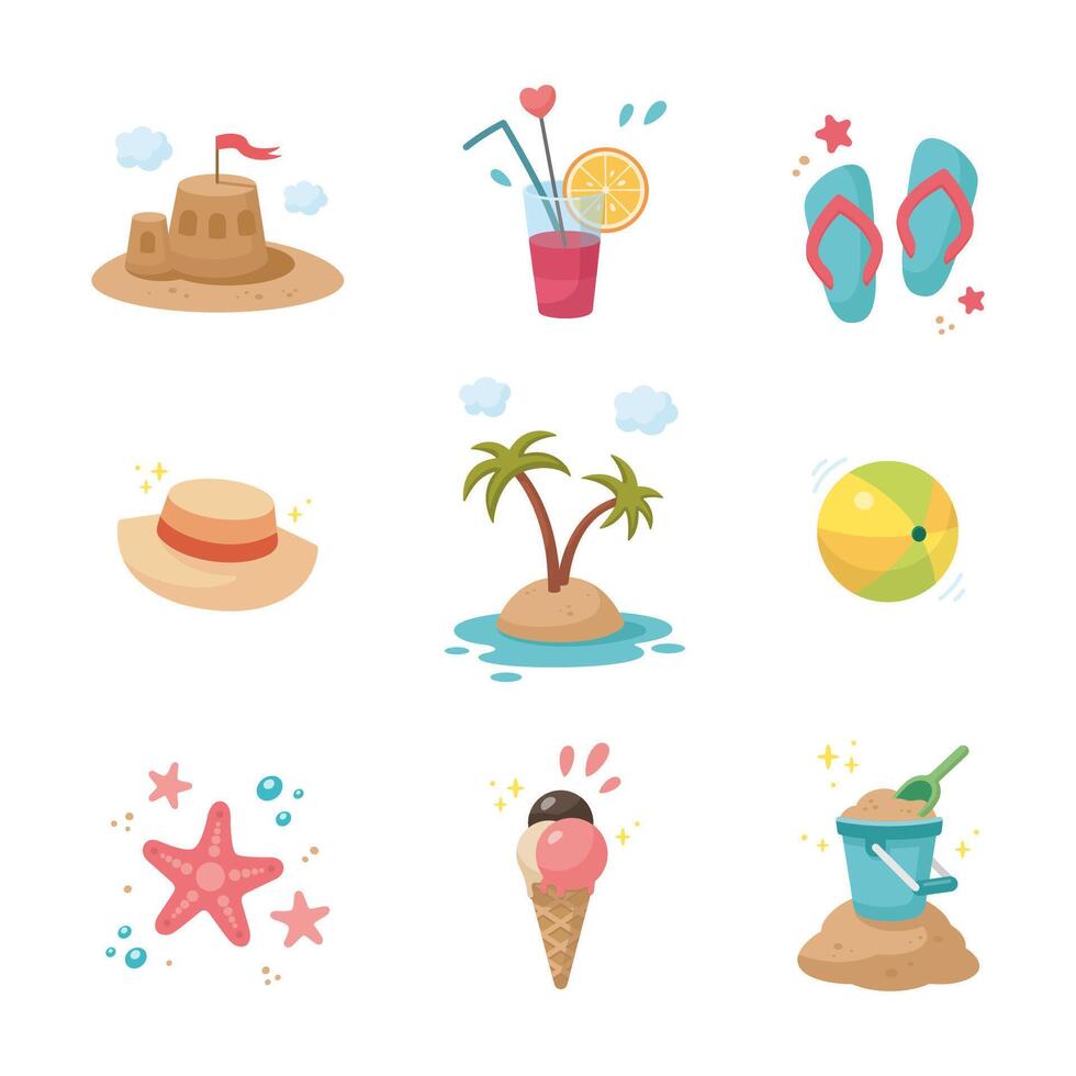 Summer Set. Cute summer icons collection. Summertime elements. Beach holidays elements. Cartoon illustration. Flat design. vector