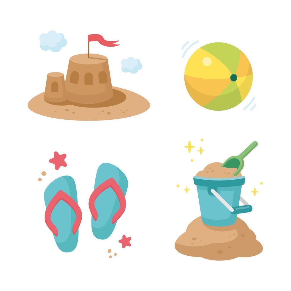 Summer Set. Cute summer icons collection. Summertime elements. Kids Beach games icons. Beach holidays elements. Cartoon illustration. Flat design. vector