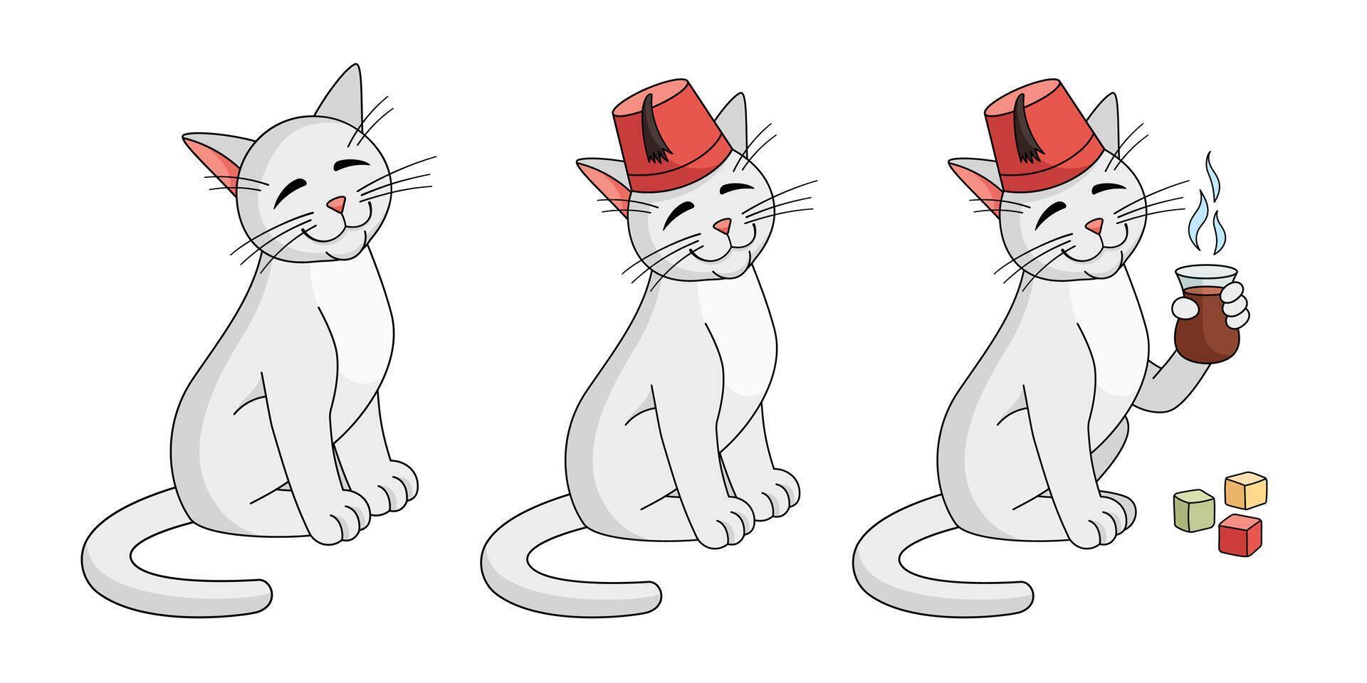 Turkish angora set. Turkish angora cat wearing red fez with Turkish tulip cup of tea. illustration isolated on white. Cat in a fez enjoys tea. Transformation of cat into Turkish cat vector