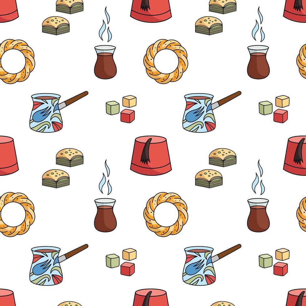 Seamless pattern with Turkish Turkish traditional tea party, coffee party elements- pastries, sweets, tea, coffee. Traditional elements of Turkish culture. illustration, white background. vector