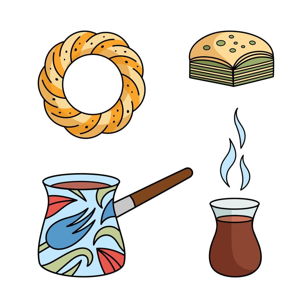 Turkish attributes elements set - Coffee Cezve, tulip shaped tea cup, baklava, bagel. collection. traditional elements of Turkish culture. vector