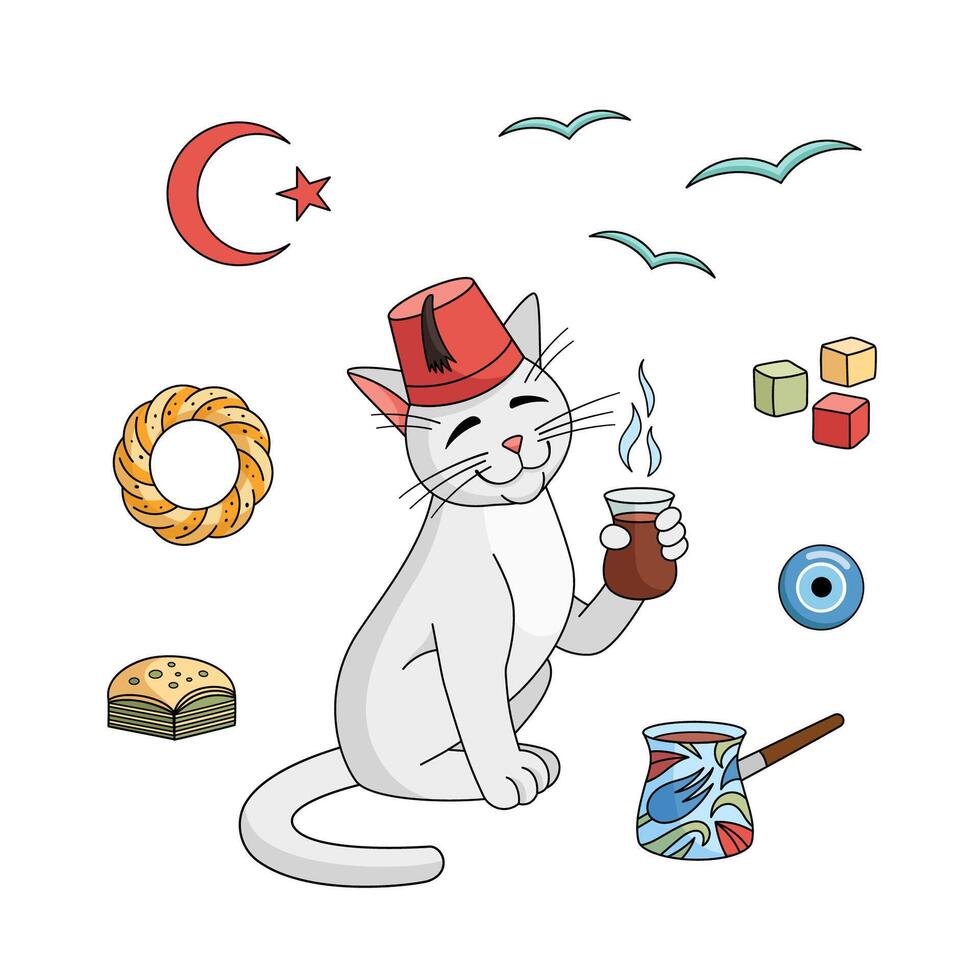 Turkish attributes set - Cezve, tea cup, baklava, bagel, star and crescent, angora cat, delight, amulet, seagull, fez. collection. Turkish angora cat character with Turkish cup of tea. vector
