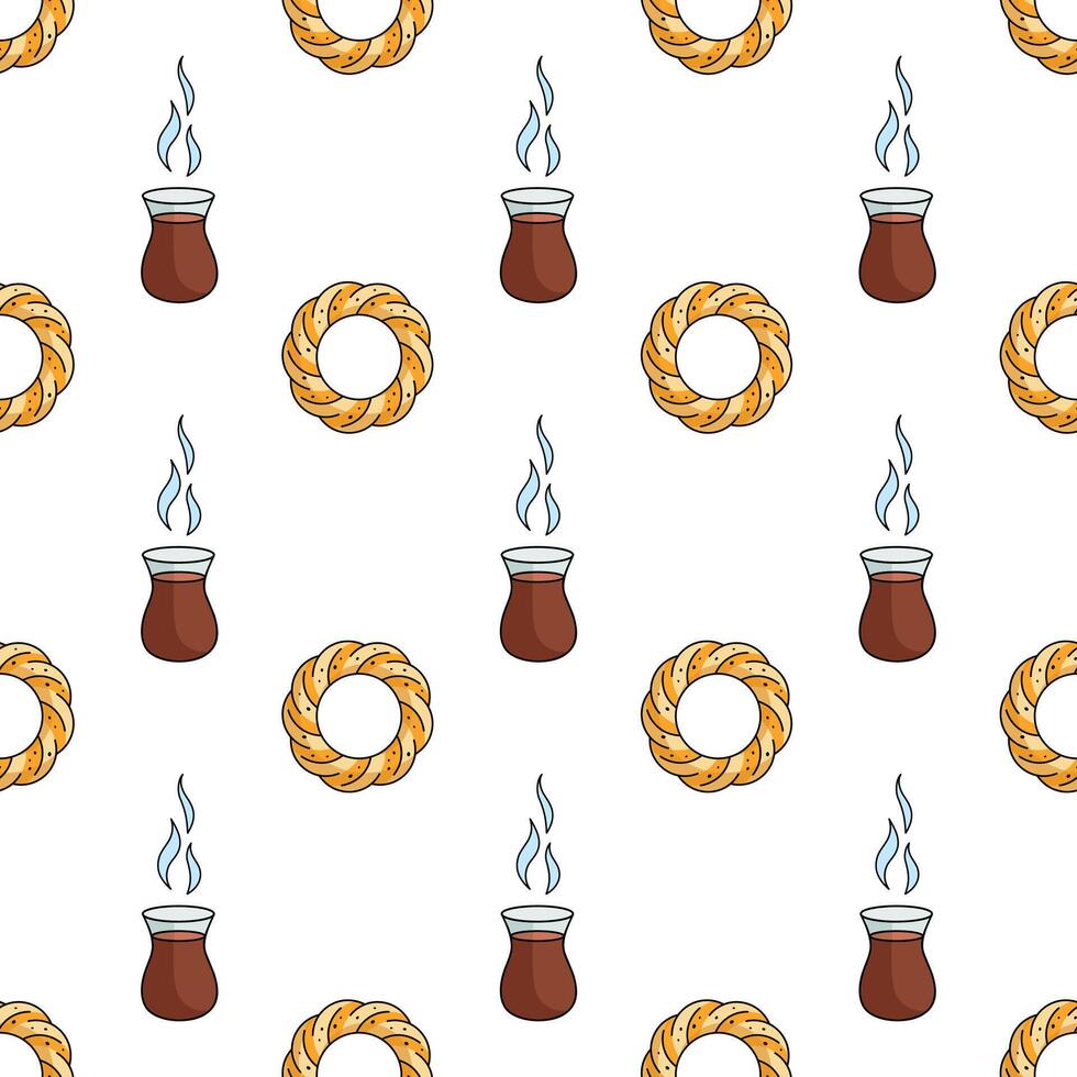 Seamless pattern with Turkish tulip shaped teacup and Turkish sesame bagel. Traditional elements of Turkish culture. Texture with Turkish national tea party. illustration, white background. vector