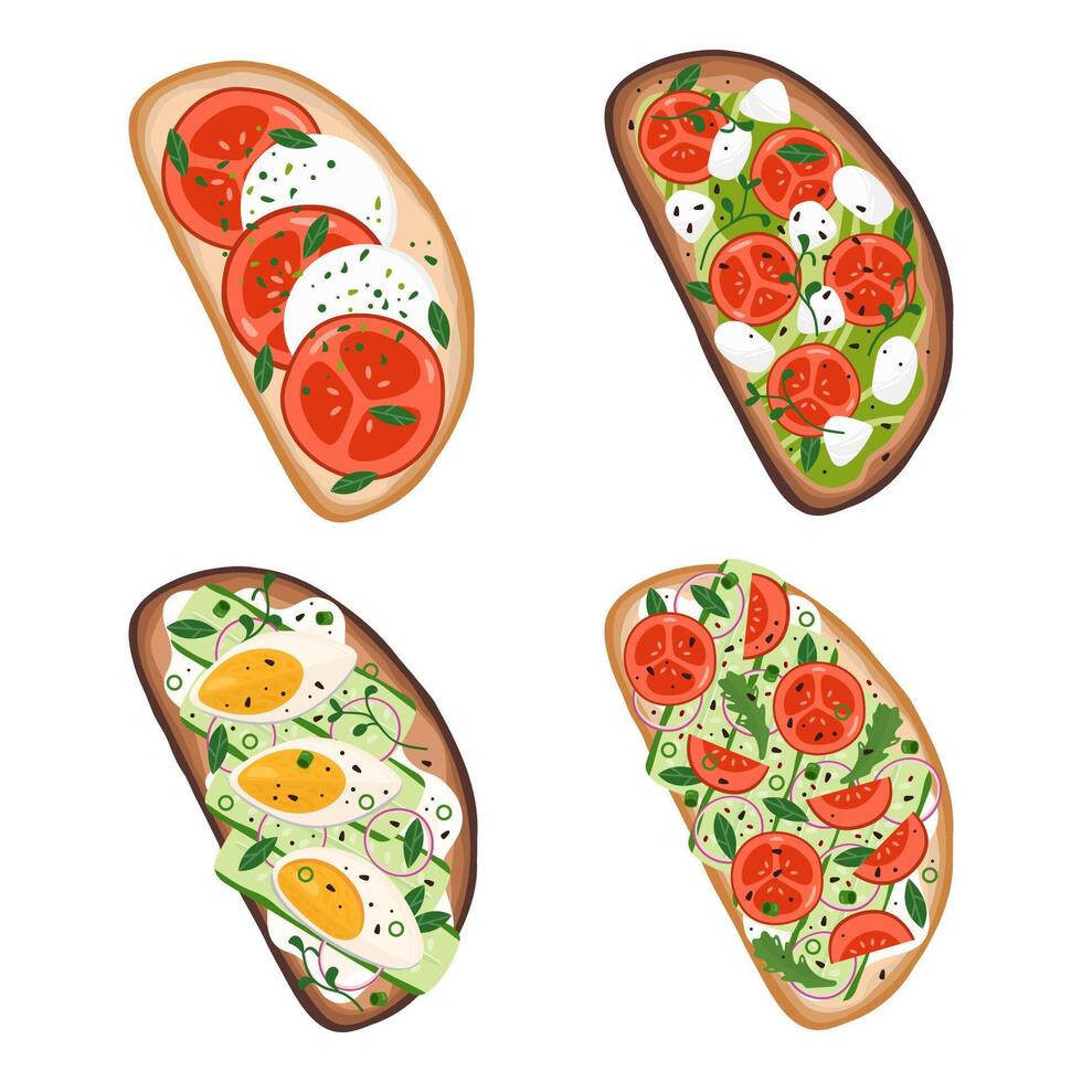 Toasts set with different ingredients, tasty snack vector