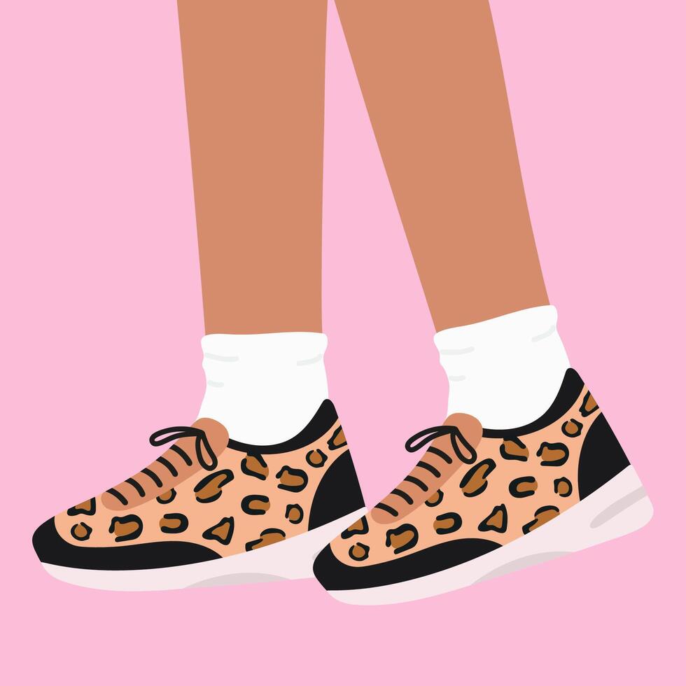 Female legs in the sneakers with leopard print vector