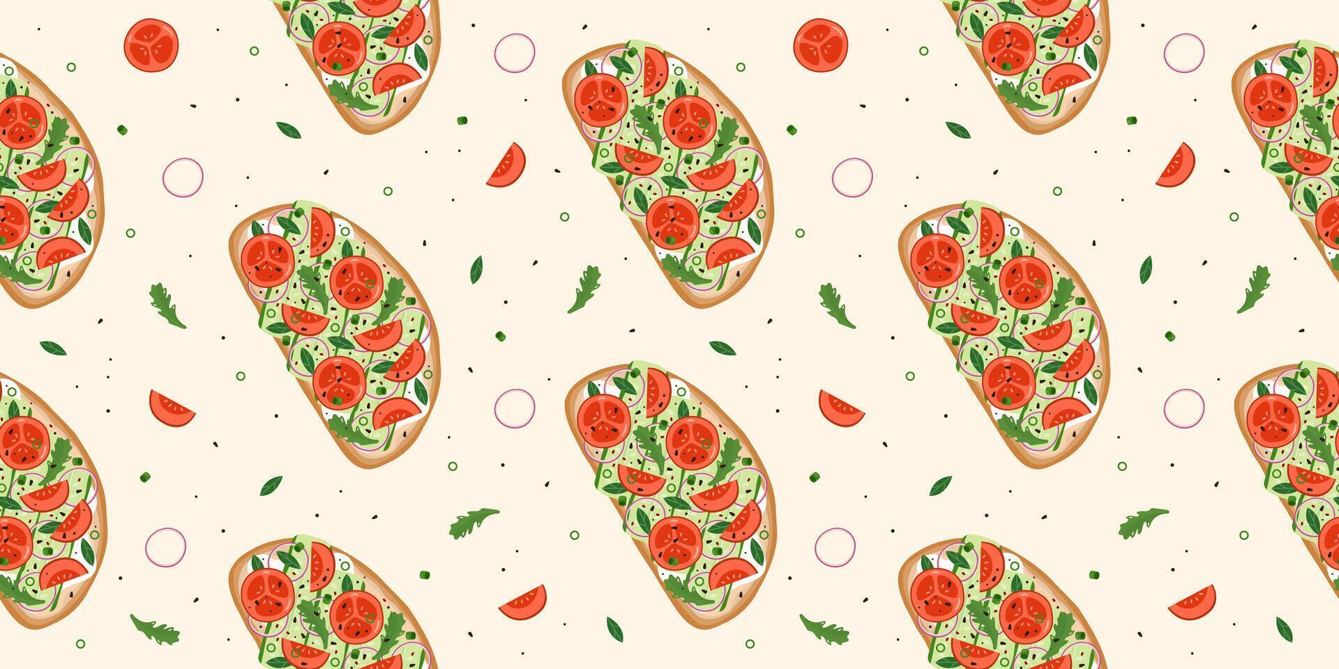 Seamless pattern with bruschetta and tomato vector
