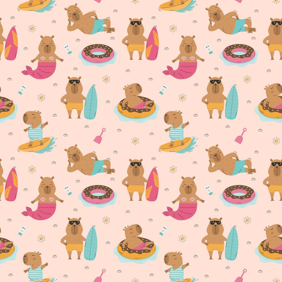 Cute summer capybaras seamless pattern vector